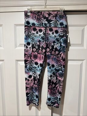 Evolution and Creation Girls Skull & Floral Leggings in Pink, Blue and Black